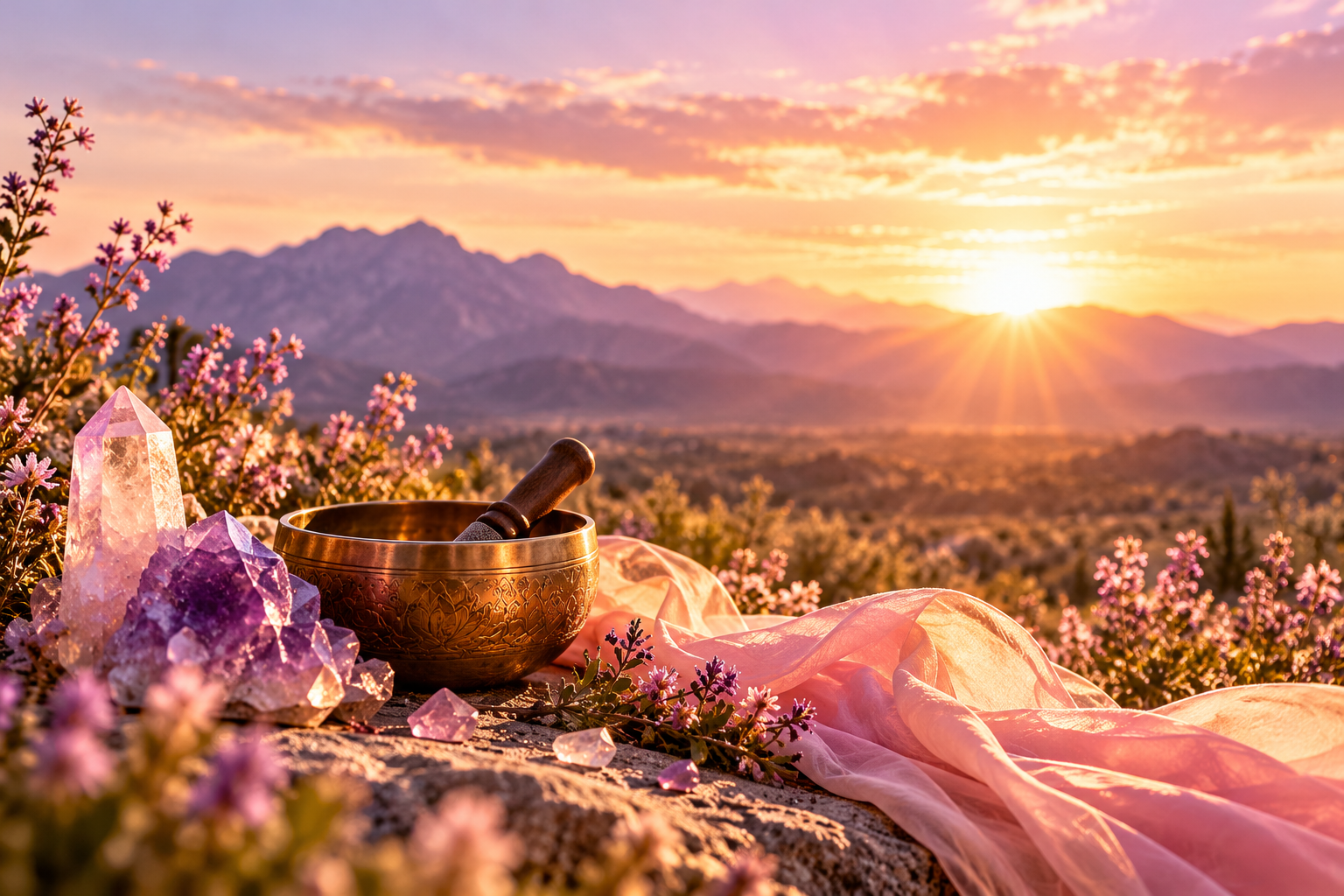 A singing bowl and crystals resting on a desert rock at sunset