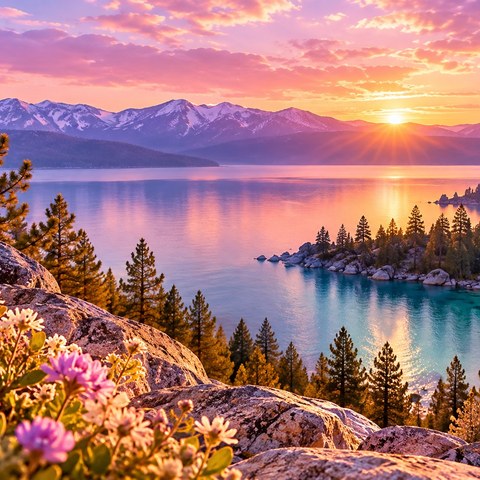Lake Tahoe shoreline and pine trees at sunset