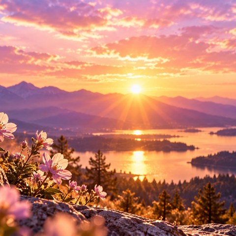 Pink and gold sunrise over a mountain lake