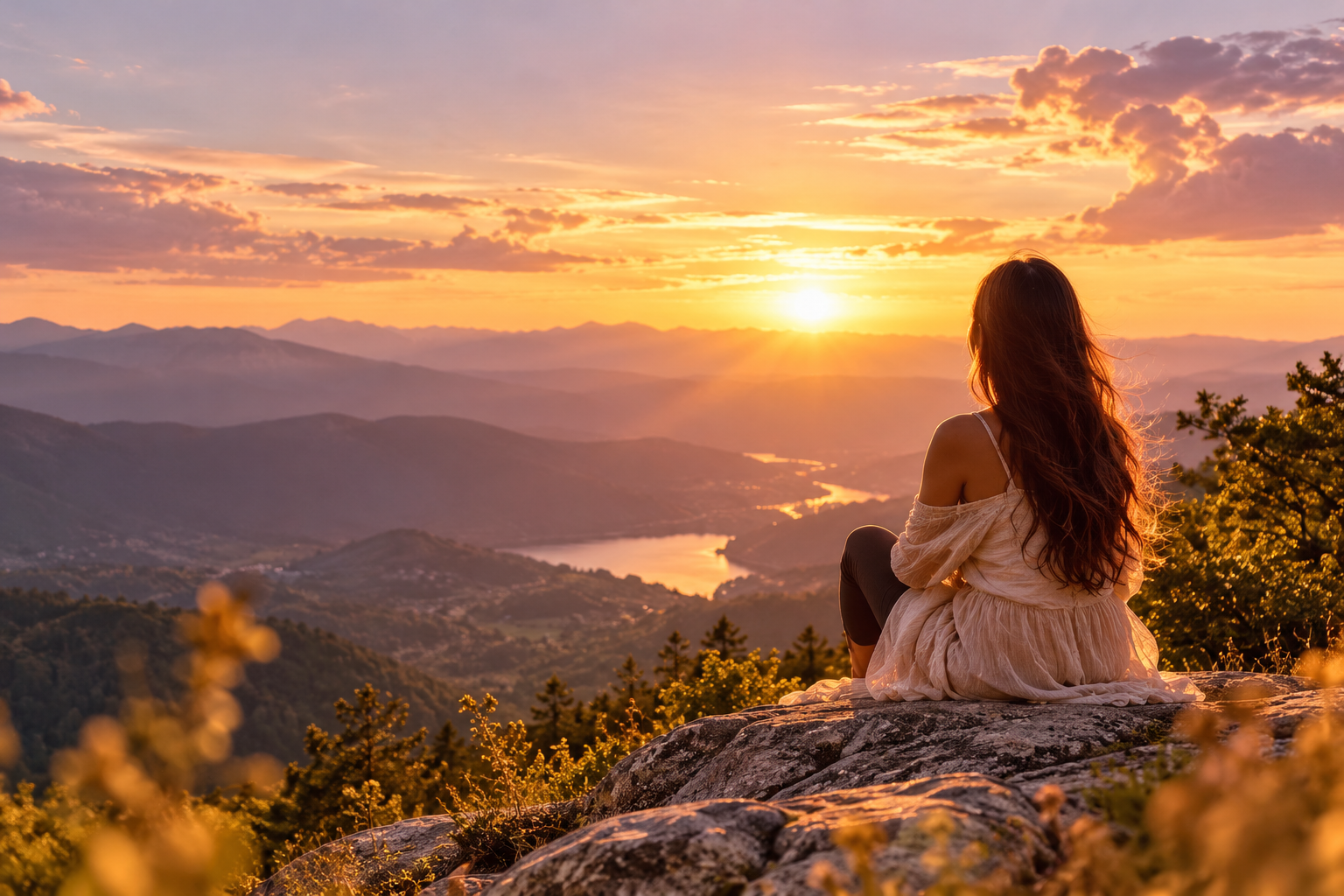 A woman seated on a rocky overlook, watching a golden sunset over mountains and a lake